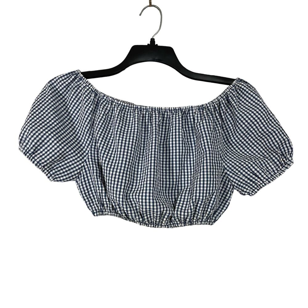 Asos Women's Blue & White Gingham Crop Puff Sleeve Peasant Top - Size 2 - Retro